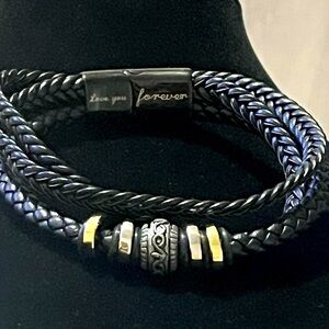 Black Braided Bracelet Pewter, Gold, Silver & Black Beads